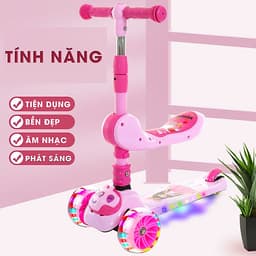 Xe trượt scooter 3 bánh cao cấp dành cho bé, phát nhạc, bánh xe phát sáng vĩnh cửu, rèn luyện vận động, tăng chiều cao cho bé, chịu lực lên tới 90kg