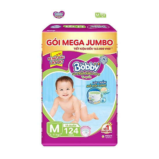 Tã quần Bobby có đệm lưng thấm mồ hôi đủ size M124/L108/XL96/XXL88
