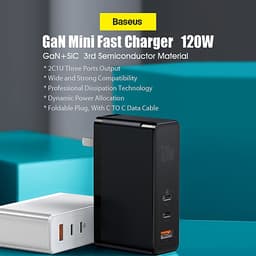 Củ sạc nhanh Baseus GaN 120W 120W PD3.0 QC3.0 SCP FCP 3 cổng sạc với 2 cổng Type-C và 1 cổng sạc mini cho laptop