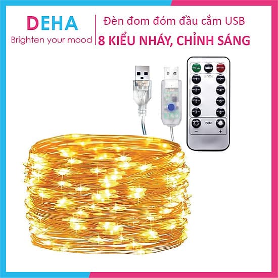 Dây đèn led đom đóm DEHA trang trí nguồn USB kèm điều khiển 8 chế độ nháy vàng nắng