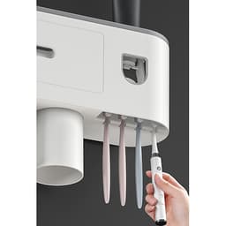 KỆ TREO BÀN CHẢI ĐÁNH RĂNG, TÍCH HỢP ĐỒ LẤY KEM THÔNG MINH (2LY) MÀU ĐEN-TRẮNG VÀ XÁM -TRẮNG