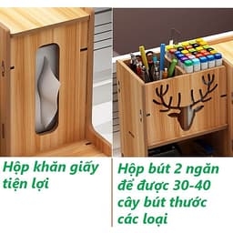 Hộp đựng bút để bàn, kệ hồ sơ, kệ văn phòng kèm hộp khăn giấy bằng gỗ HV11 - Tặng kèm 1 móc khóa khung hình thời trang