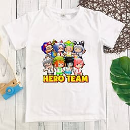 Áo thun trắng in hình Hero Team hot hit cho bé trai và bé gái