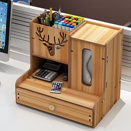 Hộp đựng bút để bàn, kệ hồ sơ, kệ văn phòng kèm hộp khăn giấy bằng gỗ HV11 - Tặng kèm 1 móc khóa khung hình thời trang