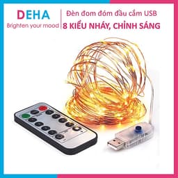 Dây đèn led đom đóm DEHA trang trí nguồn USB kèm điều khiển 8 chế độ nháy vàng nắng