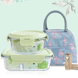 Bộ Hộp Cơm Thủy Tinh Giữ Nhiệt  Văn Phòng Cao Cấp - Kèm Túi Xách và Hộp Đựng Đũa Thìa Home Basics