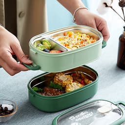 Bộ Hộp Cơm Giữ Nhiệt 2 Lớp 2 Tầng 2 Ngăn INOX304 Thiết Kế Hiện Đại