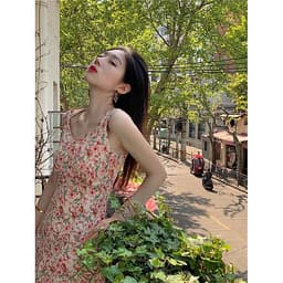 Đầm Voan Hai Dây Cổ Tim In Họa Tiết Hoa Trang Nhã Dành Cho Nữ