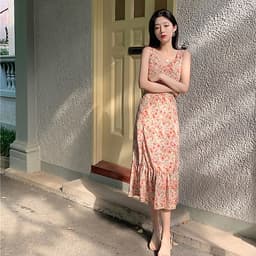 Đầm Voan Hai Dây Cổ Tim In Họa Tiết Hoa Trang Nhã Dành Cho Nữ
