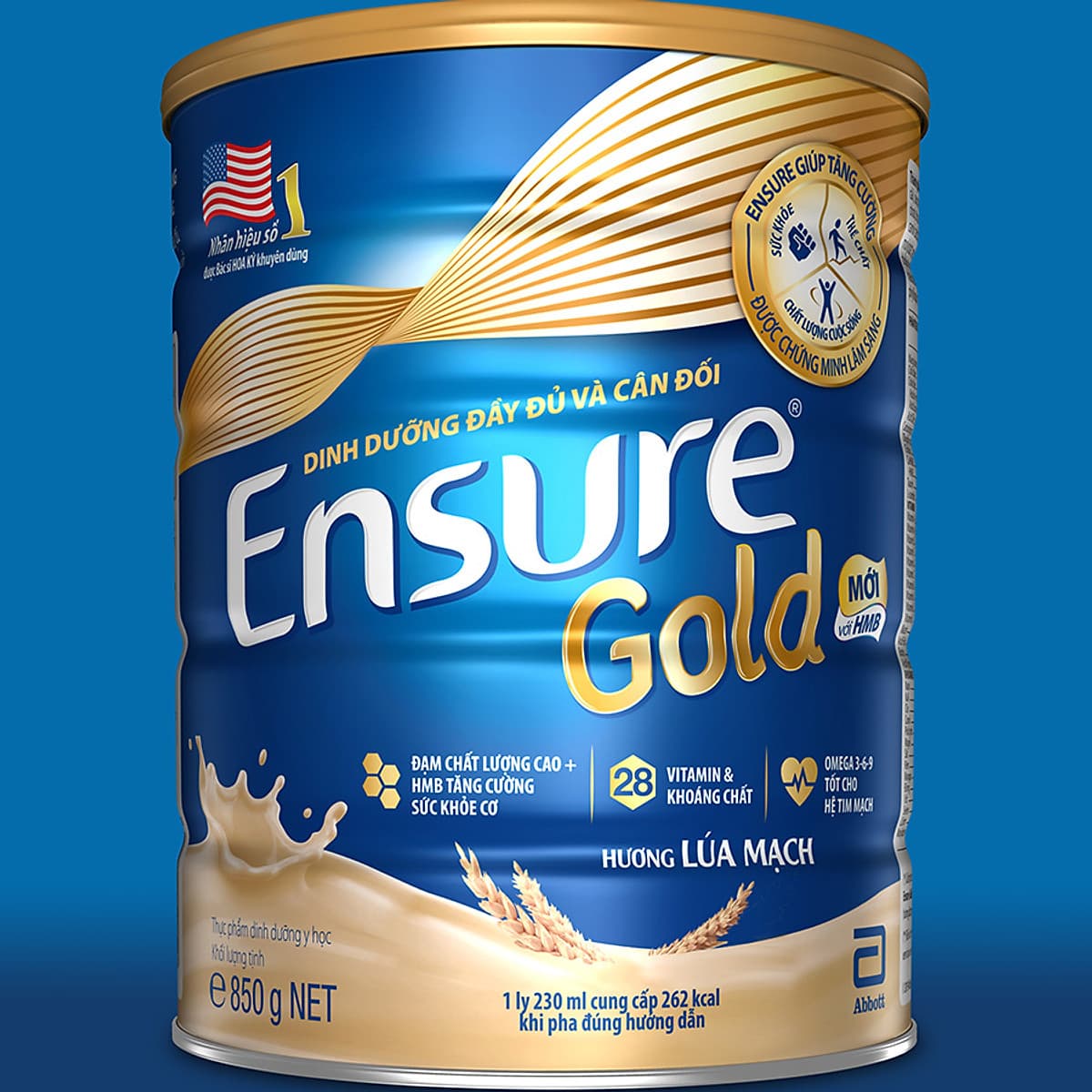 Sữa Bột Abbott Ensure Gold Hương Lúa Mạch Ít Ngọt 850g