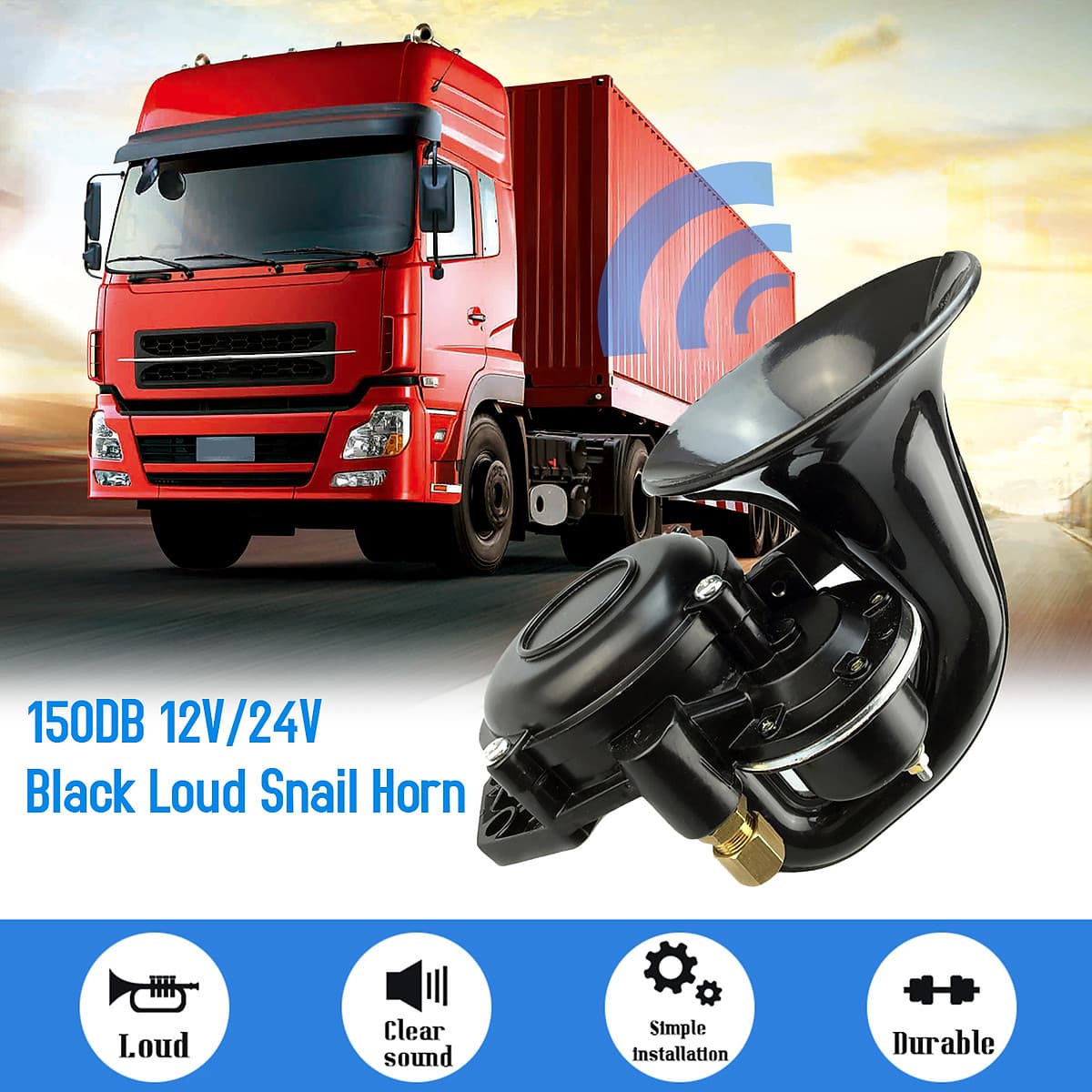 12V/24V 120DB Loud Single Trumpet Snail Air Horn Siren Waterproof Speaker Universal For Car Truck Bus Van - Black