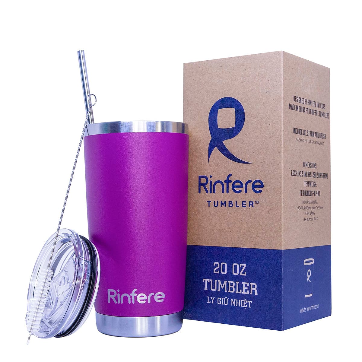 Ly Giữ Nhiệt Nắp Trượt Chống Tràn Rinfere - Tặng Kèm Ống Hút Không Gỉ, Dụng Cụ Vệ Sinh Ông Hút (590ml)