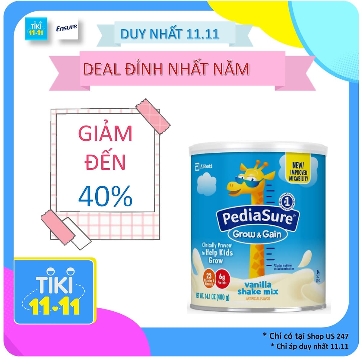 Sữa bột dinh dưỡng PediaSure Grow & Gain hương Vani 400gr (Mẫu mới - Non-GMO)