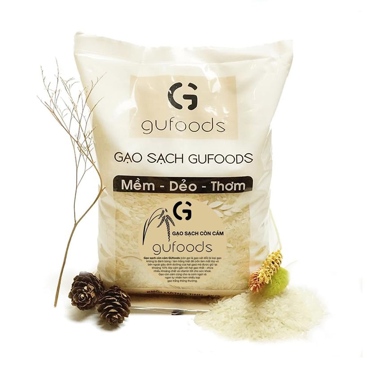Combo 3 Gạo sạch còn cám GUfoods (ngọt - mềm - thơm) (mỗi túi 1kg)
