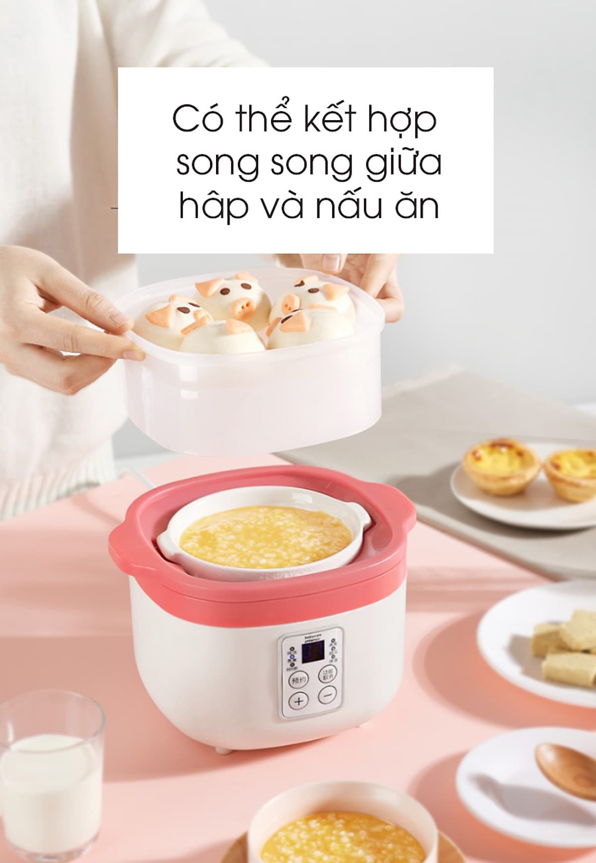 Nồi điện nấu cháo chậm đa năng bằng sứ ceramic KARPELLE (ANH) tự động, dành cho bé ăn dặm (hấp, nấu, chưng, hầm, hâm nóng) 0,8L (đỏ)