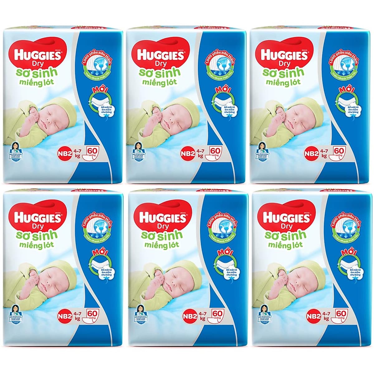 Combo 6 Gói Miếng Lót Sơ Sinh Huggies Newborn 2 (4-7kg) - N60 (Gói 60 Miếng)
