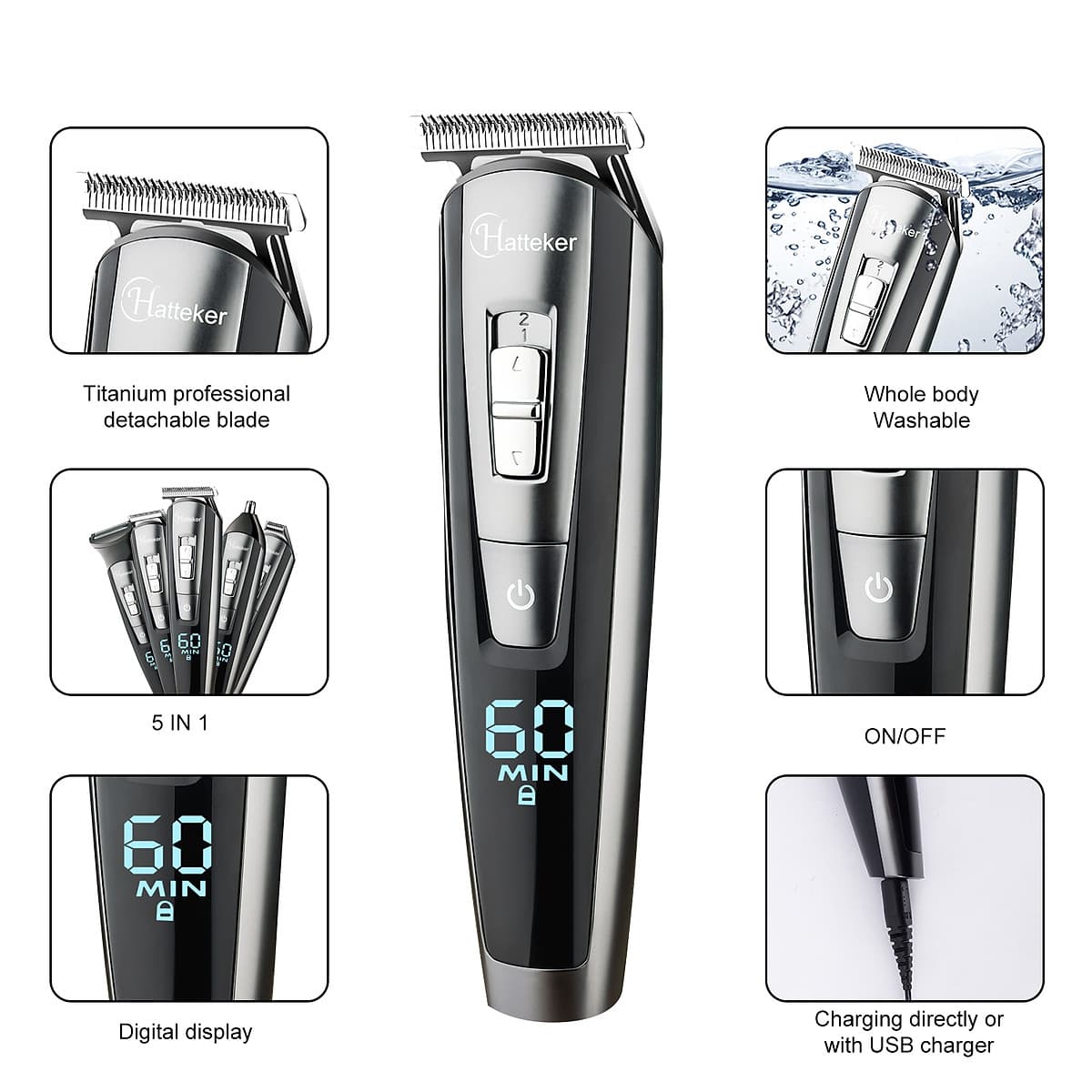 HATTEKER professional hair trimmer waterproof 5 in1hair clipper electric hair cutting machine beard trimer men haircut