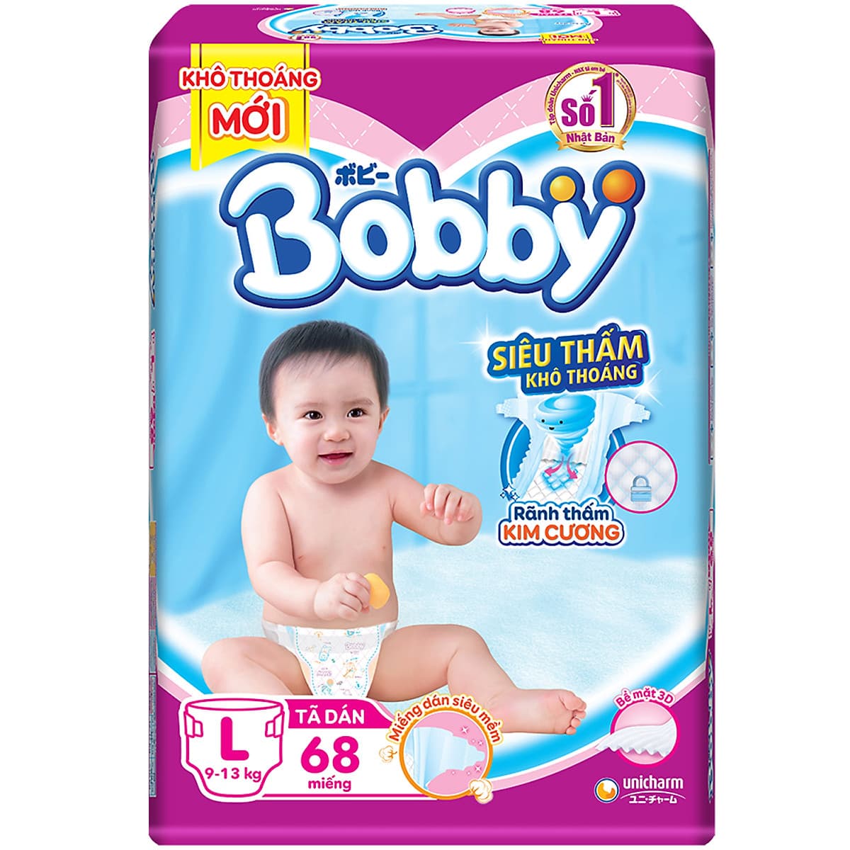 Tã Dán Bobby Siêu Mỏng Thấm Gói Siêu Lớn L68 (68 Miếng)
