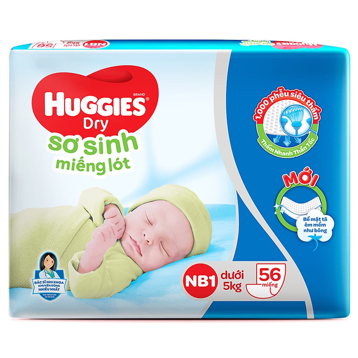 Miếng Lót Sơ Sinh Huggies Dry Newborn 1 - 56 (56 Miếng) - Bao Bì Mới
