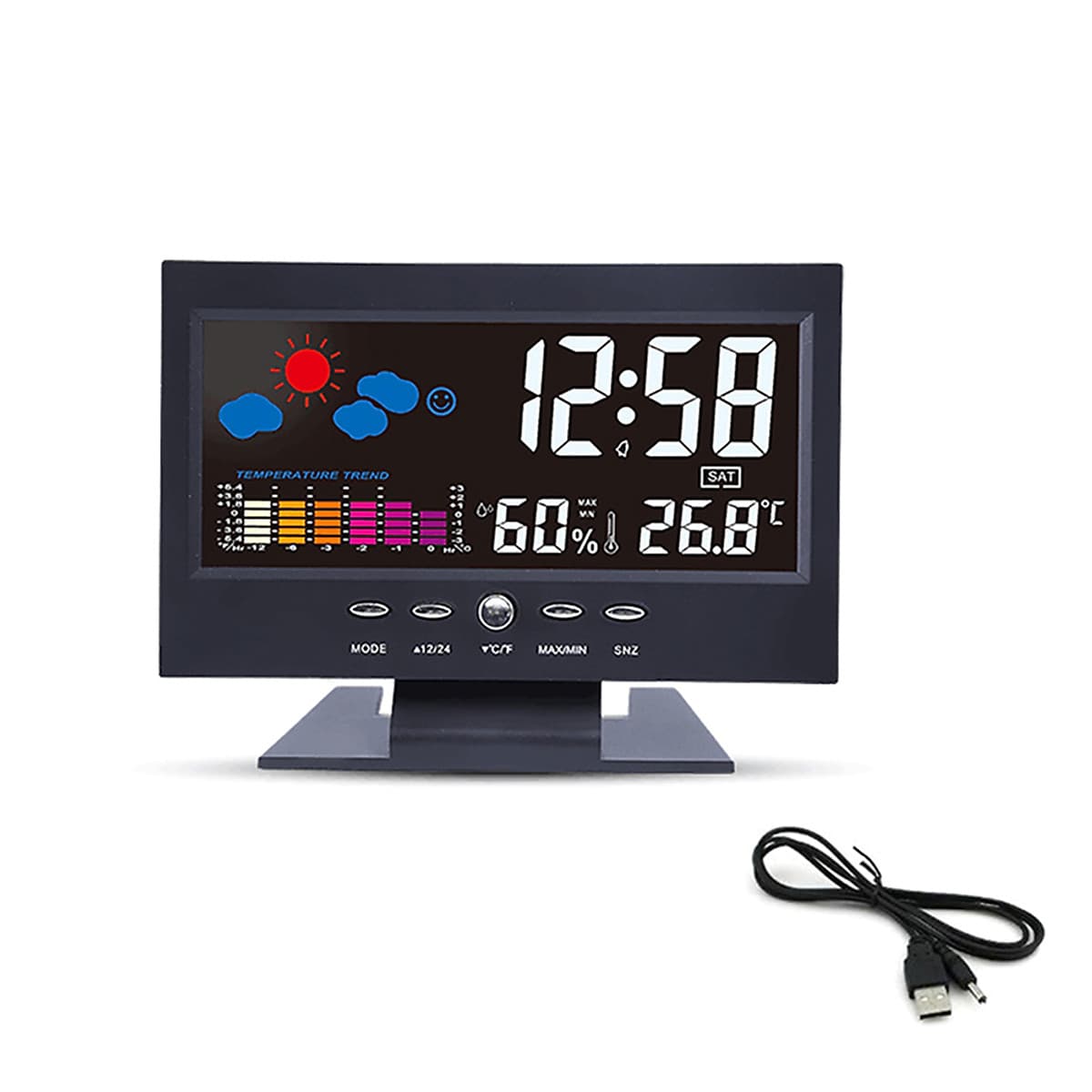 Đồng Hồ Báo Thức Điện Tử Đa Năng Có Màn Hình LCD Hiển Thị Thời Gian/ Ngày/ Tuần/ Nhiệt Độ/ Độ Ẩm/ Thời Tiết - Đen