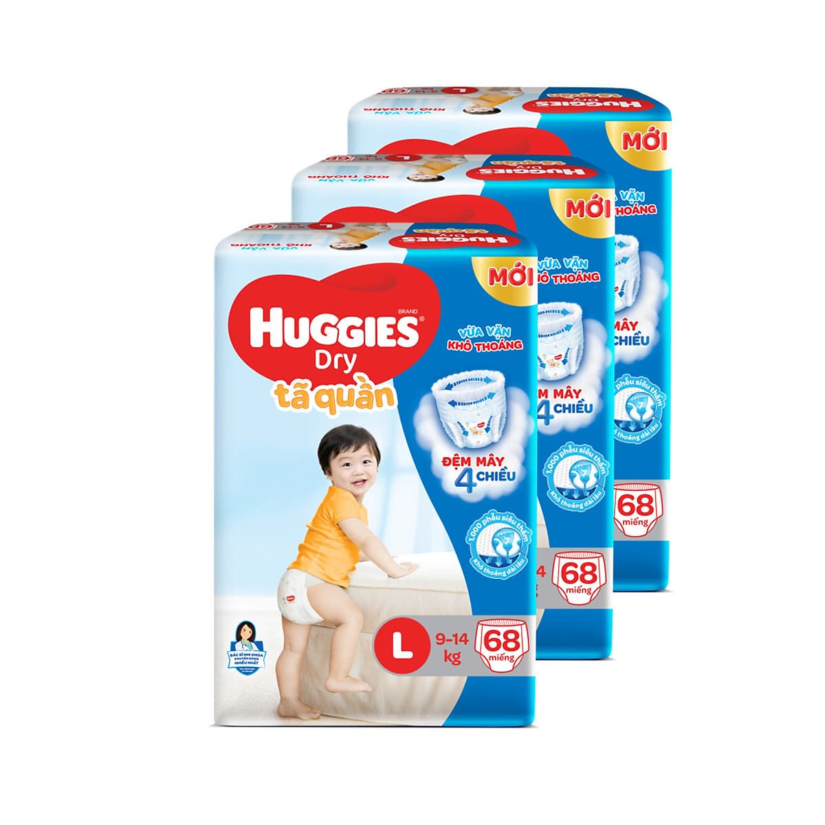 Combo 3 Tã quần HUGGIES DRY PANTS SUPER JUMBO L68 (8 - 13kg)  - Gói 68 miếng 
