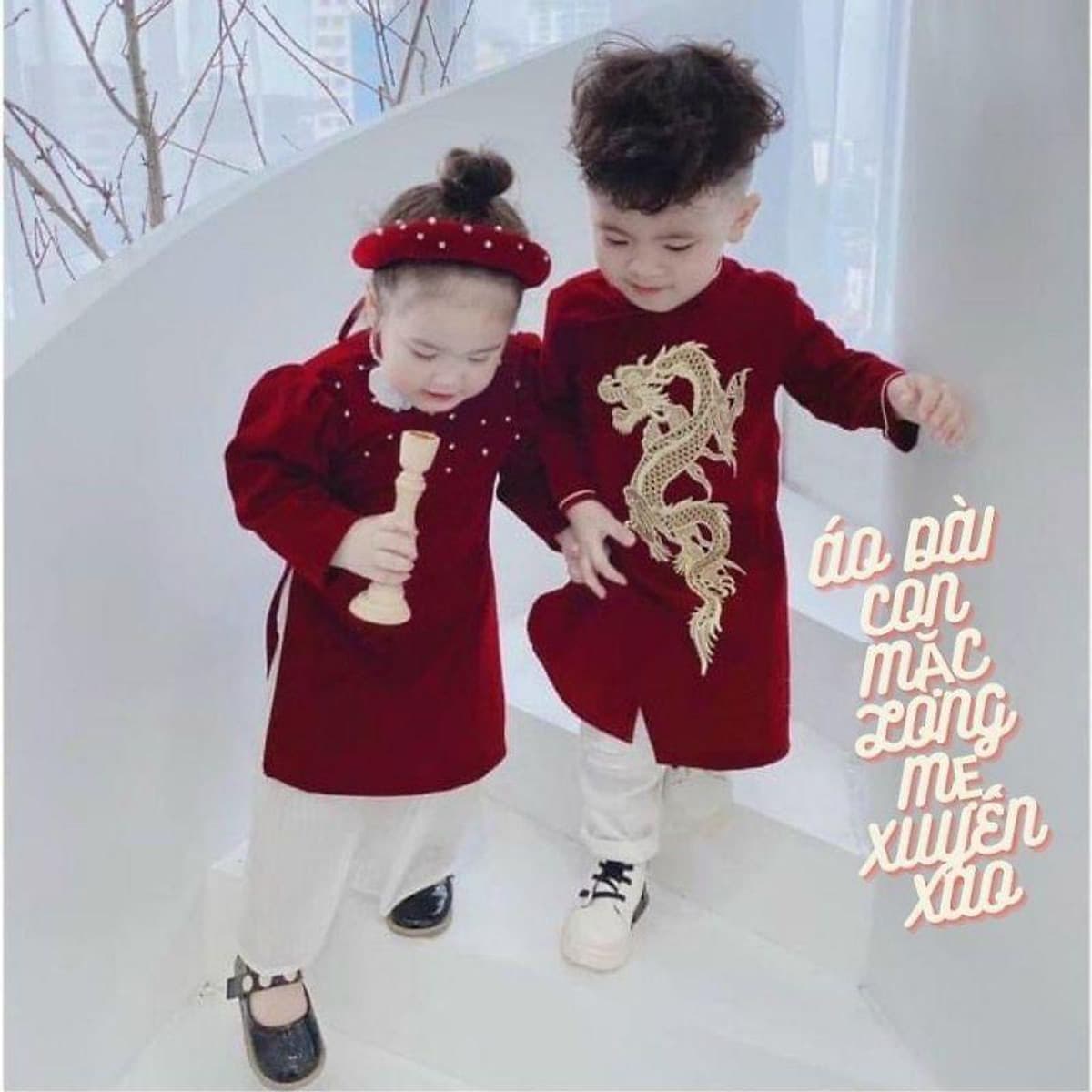 áo dài cách tân nhung rồng bé trai cổ ngọc bé gái
