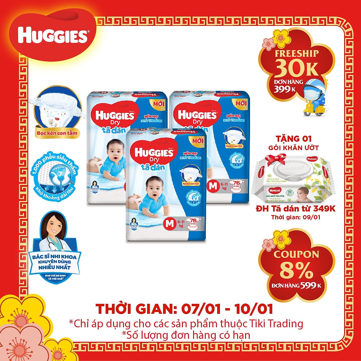 Combo 3 Gói Tã Dán Huggies Dry Gói Cực Đại M76 (76 Miếng) - Bao Bì Mới