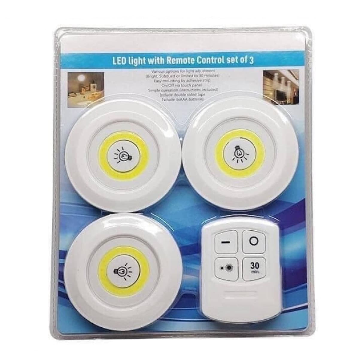 Bộ 3 Đèn LED chiếu sáng không dây - Dán tường, 2 chế độ sáng, có điều khiển từ xa, dùng pin