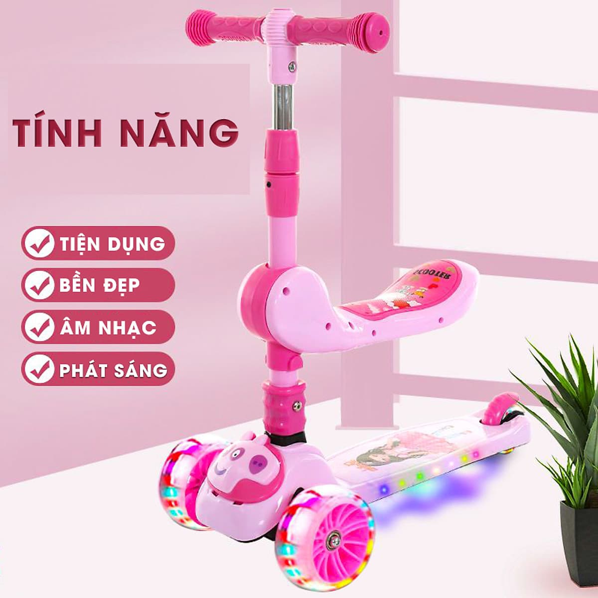 Xe trượt scooter 3 bánh cao cấp dành cho bé, phát nhạc, bánh xe phát sáng vĩnh cửu, rèn luyện vận động, tăng chiều cao cho bé, chịu lực lên tới 90kg