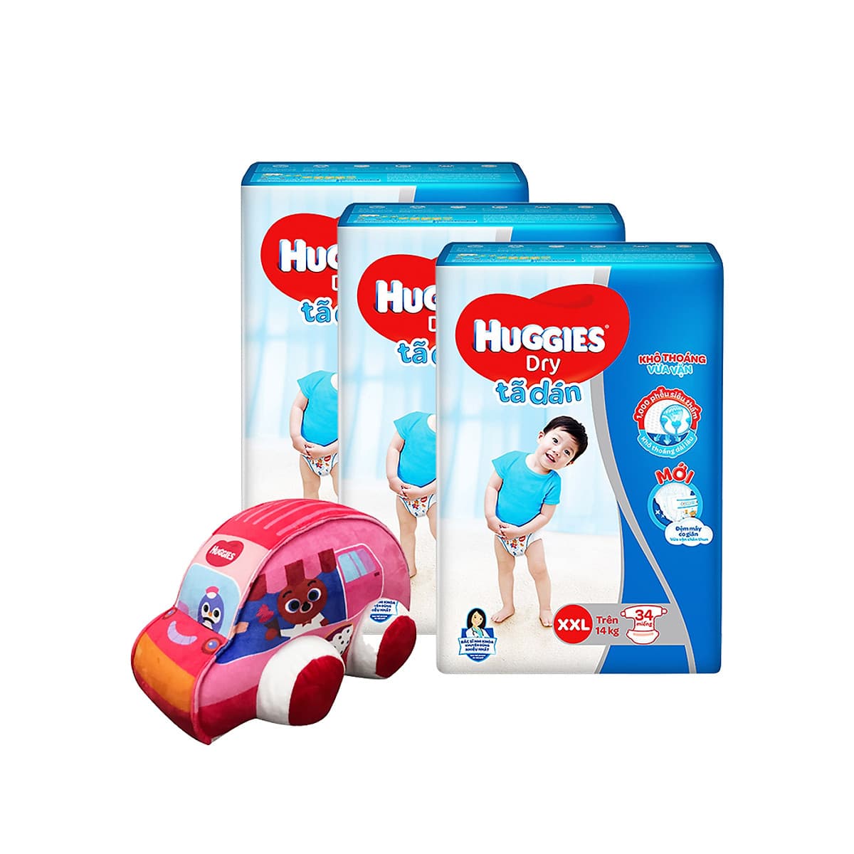 Combo 3 Tã dán HUGGIES DRY JUMBO M48/L42/XL38/XXL34 [Tặng Xe bông]
