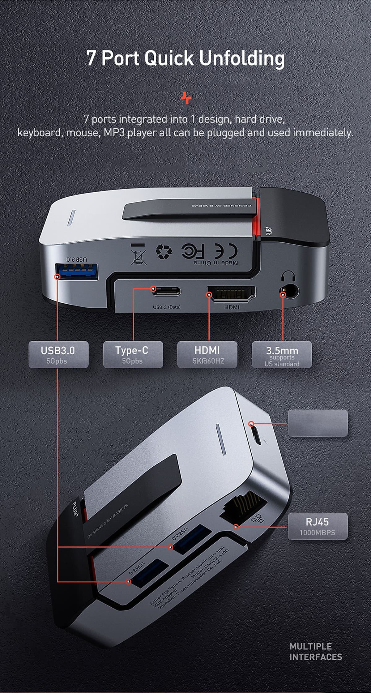 Bộ chuyển đổi Hub đa chức năng BASEUS Armor Age Type-C 9 cổng  (USB3.0 * 3 + HDMI * 1 + RJ45 * 1 + Loại-C * 3 + 3.5 Âm thanh) - Hàng chính hãng