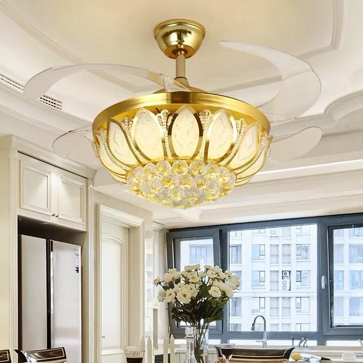 Quạt trần đèn trang trí phòng khách đẹp hiện đại - HLFAN003