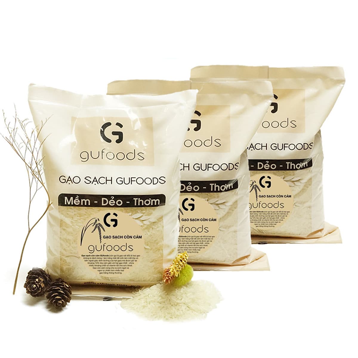Combo 3 Gạo sạch còn cám GUfoods (ngọt - mềm - thơm) (mỗi túi 1kg)