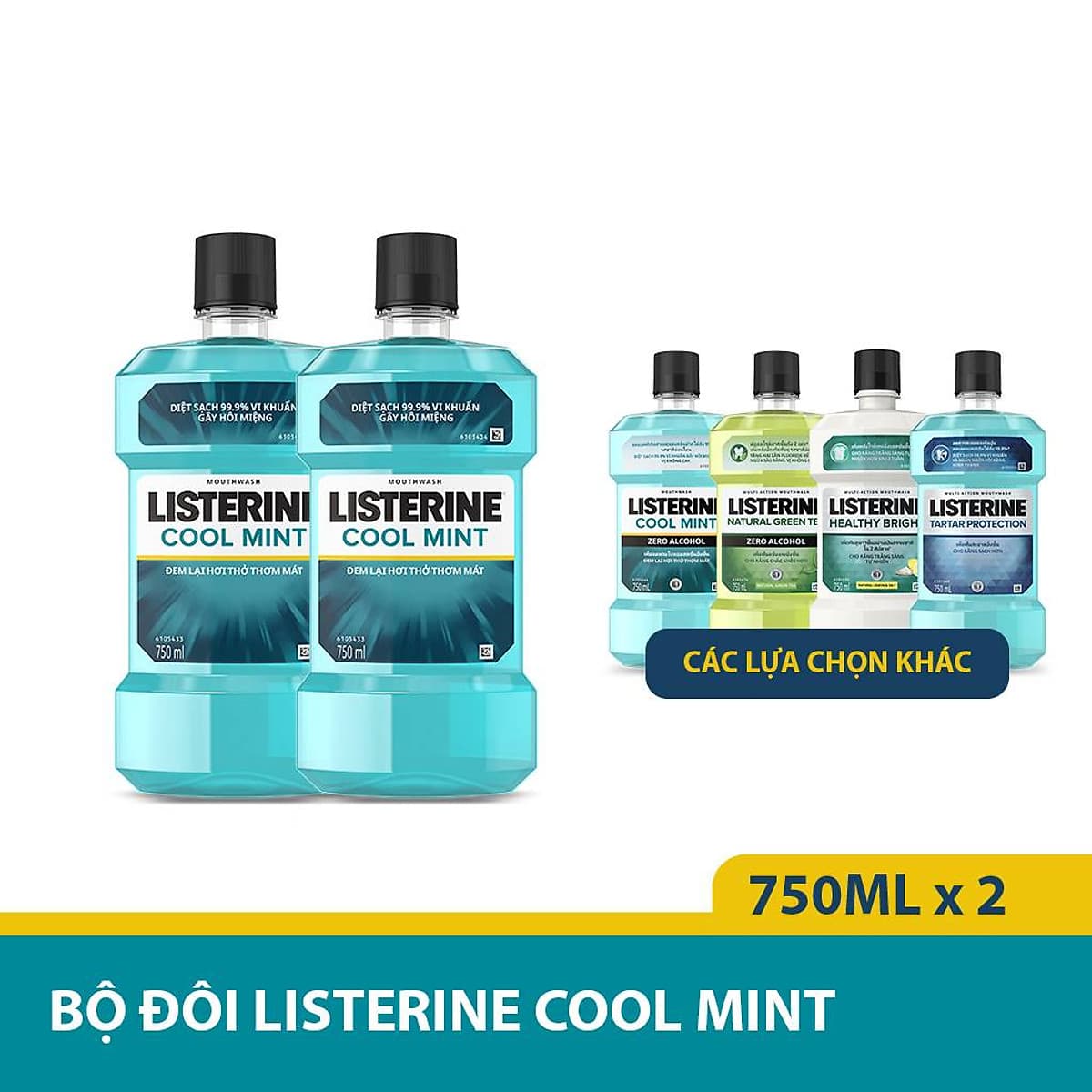 Bộ Đôi Nước Súc Miệng Hương Bạc Hà Listerine Cool Mint (750ml/ Chai) - 8850007800071