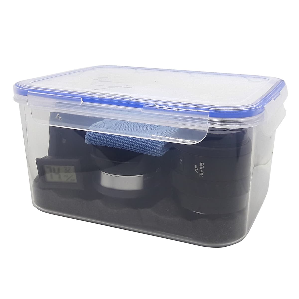 Combo hộp chống ẩm mini cao cấp, ẩm kế điện tử, 200gram hạt hút ẩm xanh, mút xốp, khăn lau lens cho máy ảnh, máy quay phim - dung tích 3,6 lít 