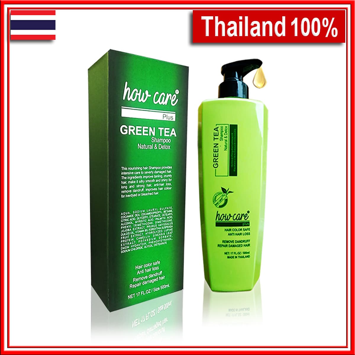 Dầu gội Kích Thích Mọc Tóc - Sạch Gàu Hết Ngứa - Phục Hồi Tóc Hư Tổn Nặng - Giữ Màu Tóc Nhuộm - Trà Xanh Howcare Thái Lan 500ml