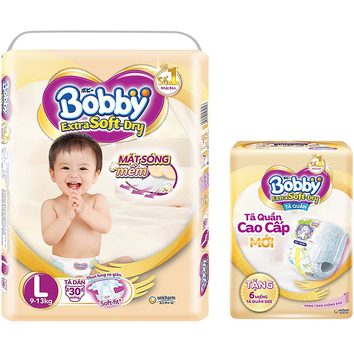 Tã Dán Bobby Extra Soft Gói Đại L30 (30 Miếng) + Tặng thêm 6 miếng