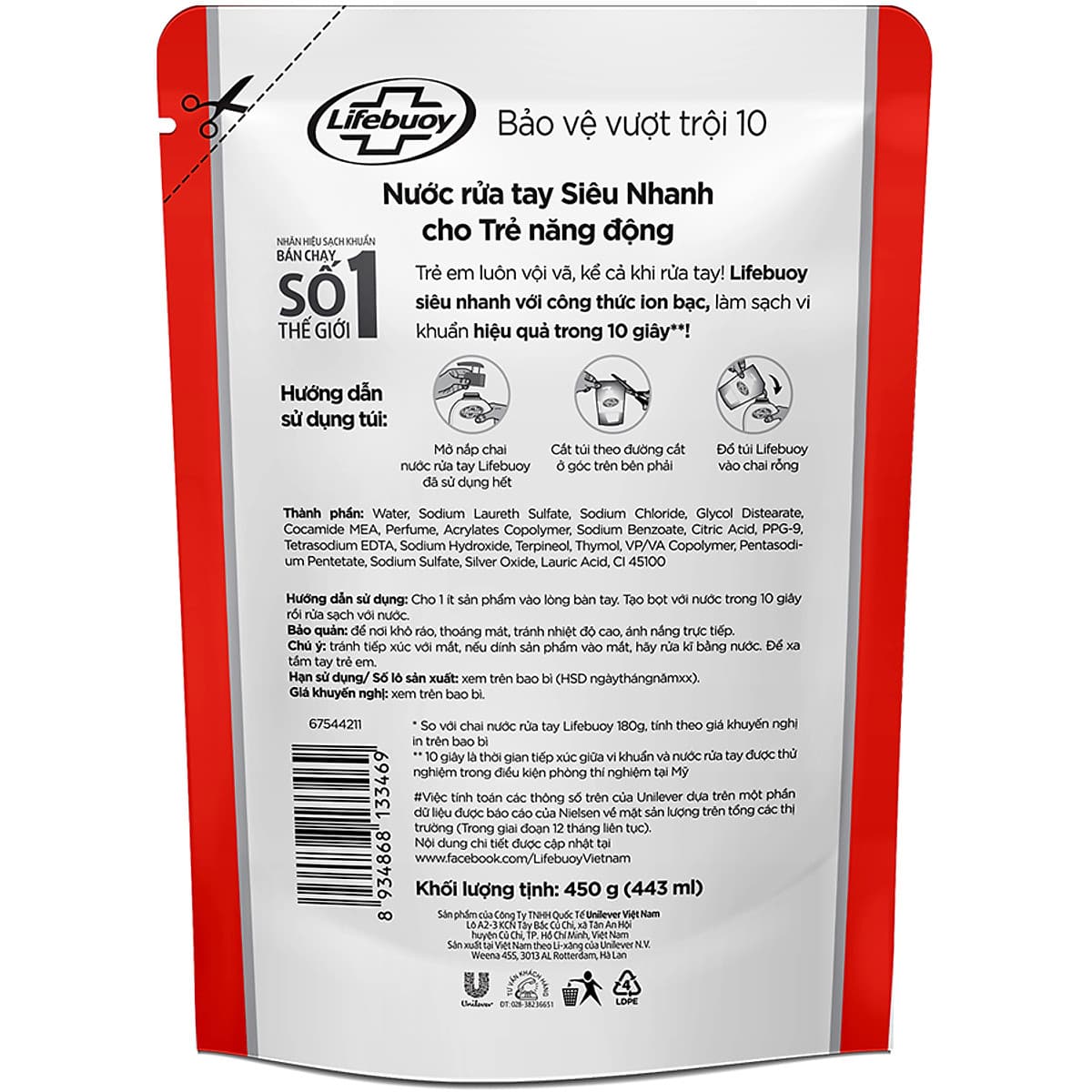 Nước Rửa Tay Diệt Khuẩn Lifebuoy Bảo Vệ Vượt Trội Túi 21126130 (450g)