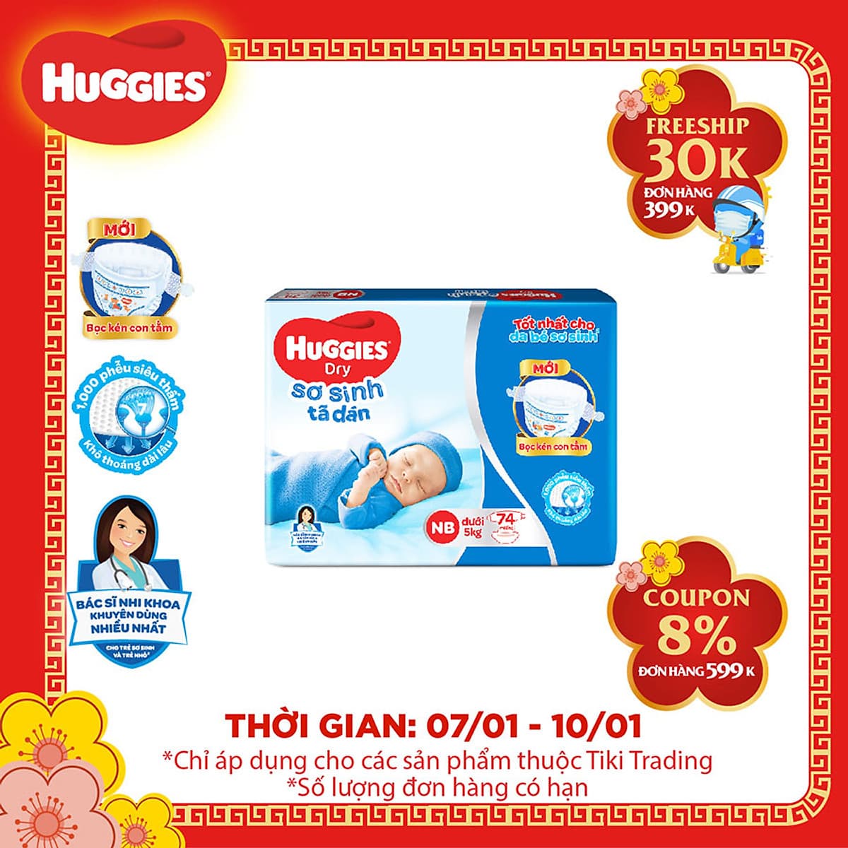 Tã Dán Sơ Sinh Huggies NB74 - Dưới 5kg (74 Miếng)