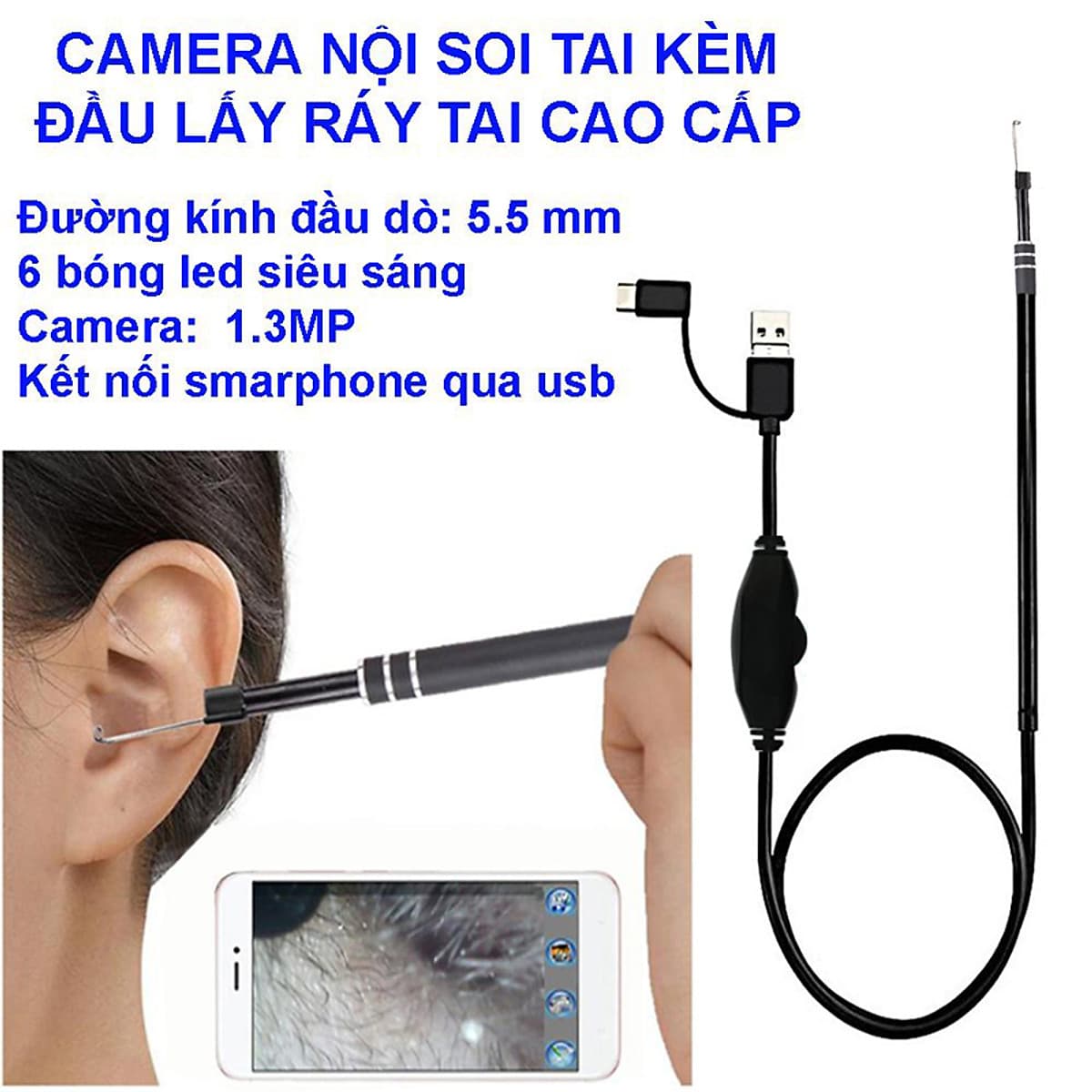Dụng Cụ Lấy Ráy Tai Thông Minh, Camera Nội Soi Lấy Ráy Tai INTELLHAWK - HÀNG CHÍNH HÃNG, Kèm Bộ Đầu Lấy Ráy Tai, Soi Tai Mũi Họng Chuyên Nghiệp