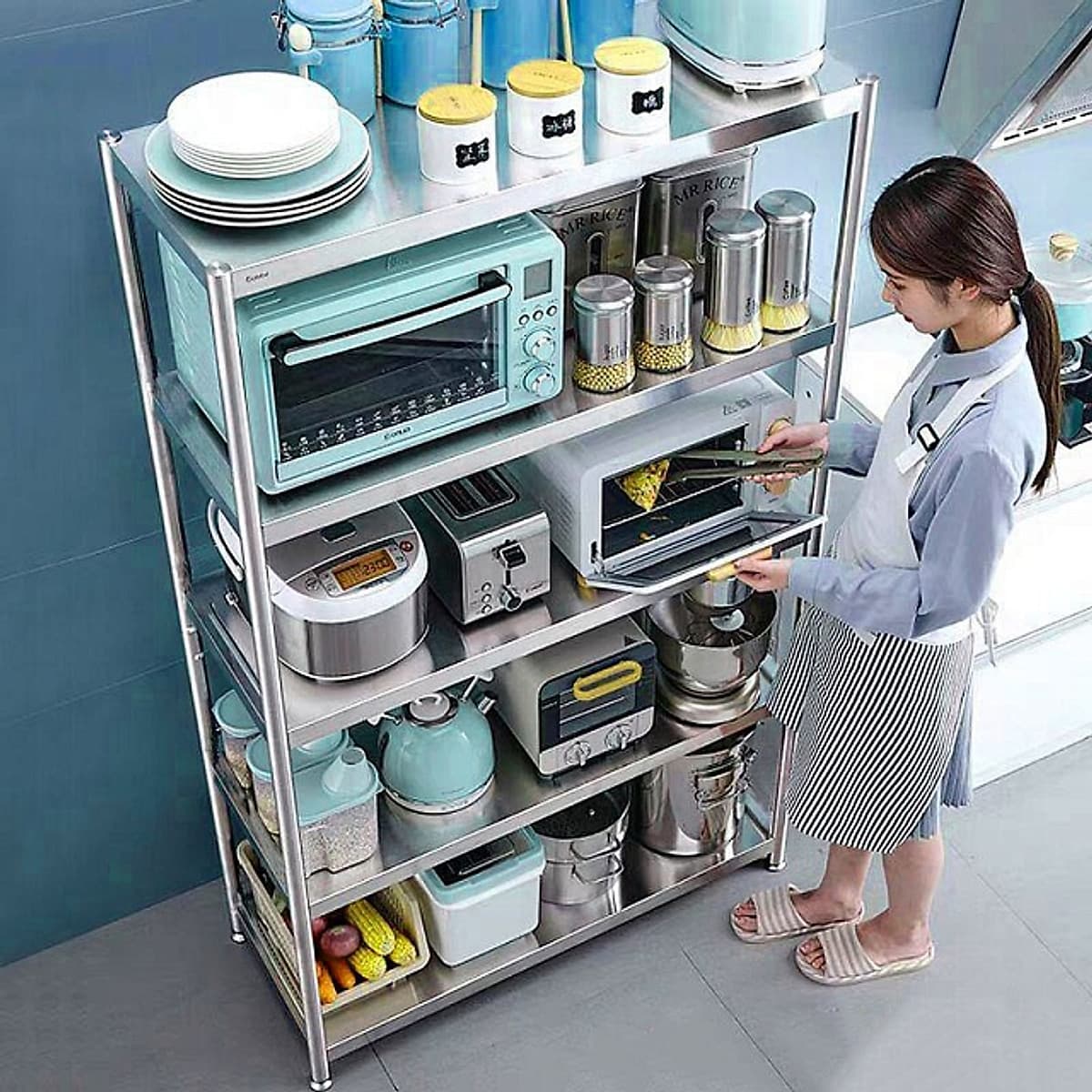 Kệ đa năng để lò sóng Inox 304 trắng chống han gỉ, kệ để đồ nặng nhà bếp cao cấp VANDO kệ tủ tiện lợi