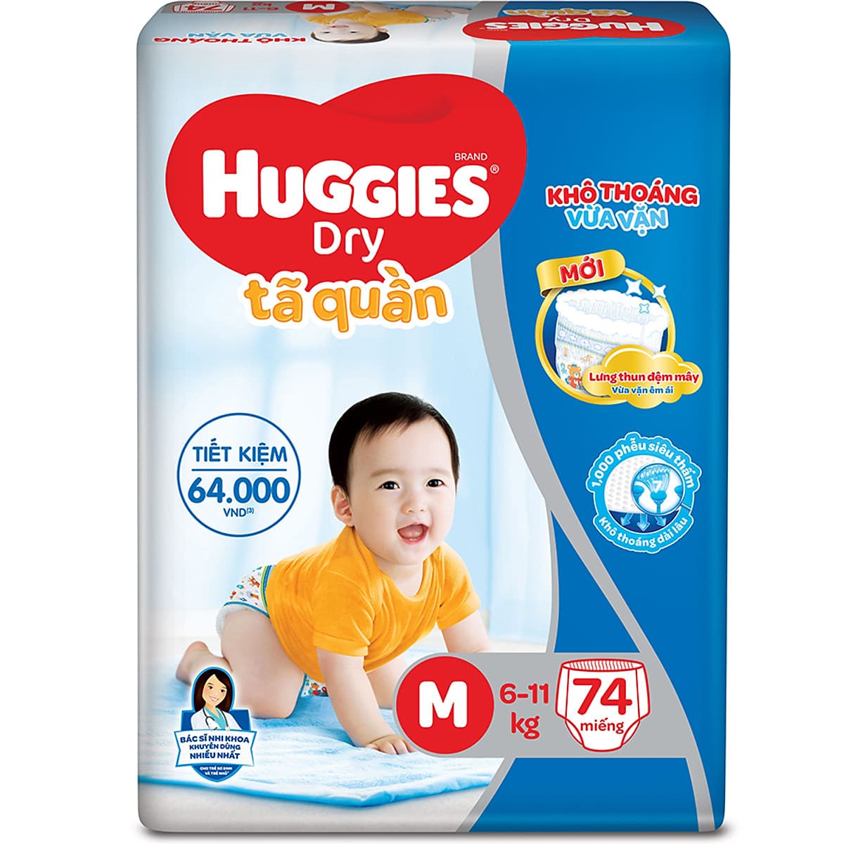 Combo 3 Gói Tã Quần Huggies Dry Gói Cực Đại M74 (74 Miếng) - Bao Bì Mới