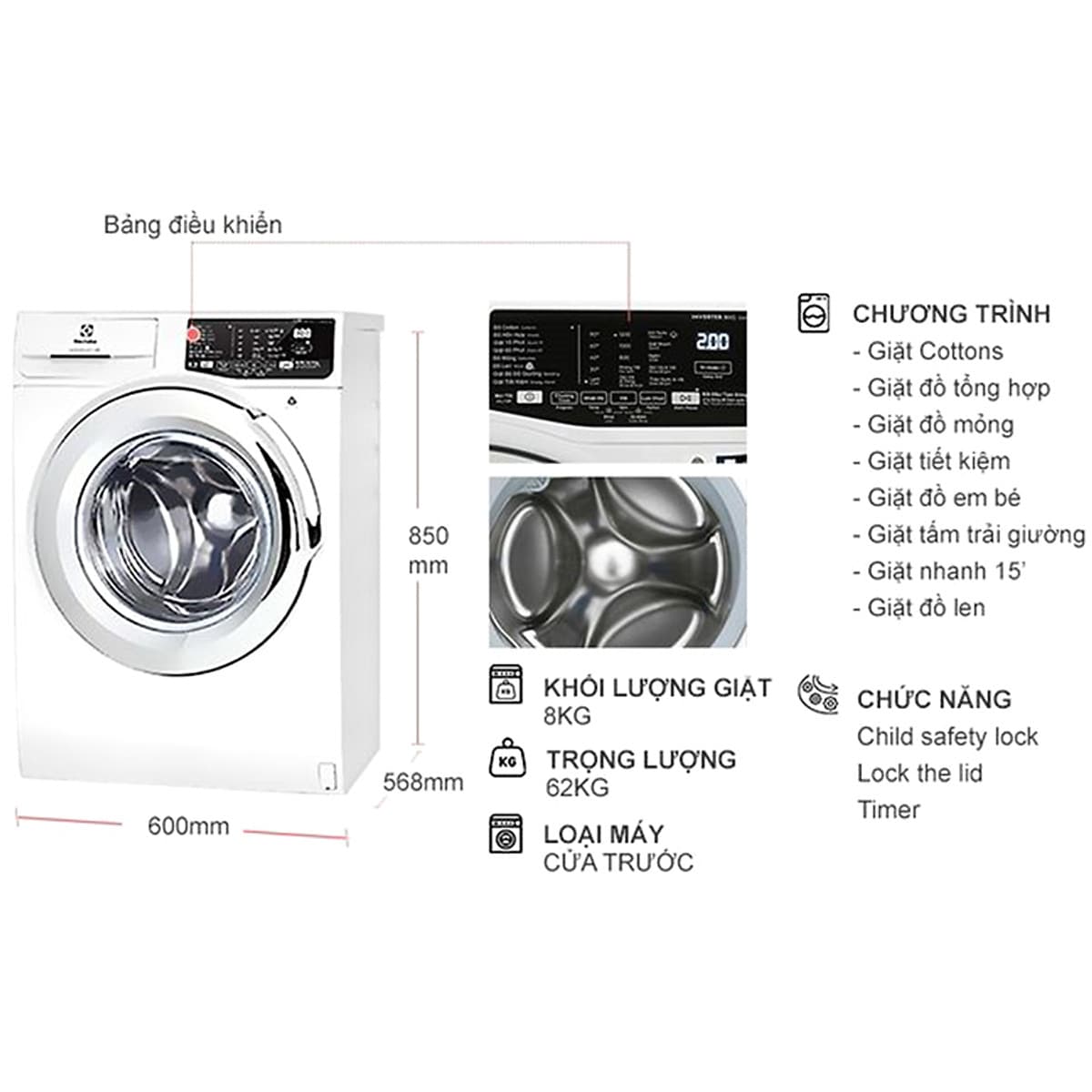 Máy Giặt Cửa Trước Inverter Electrolux EWF8025BQ (8kg) - Hàng Chính Hãng