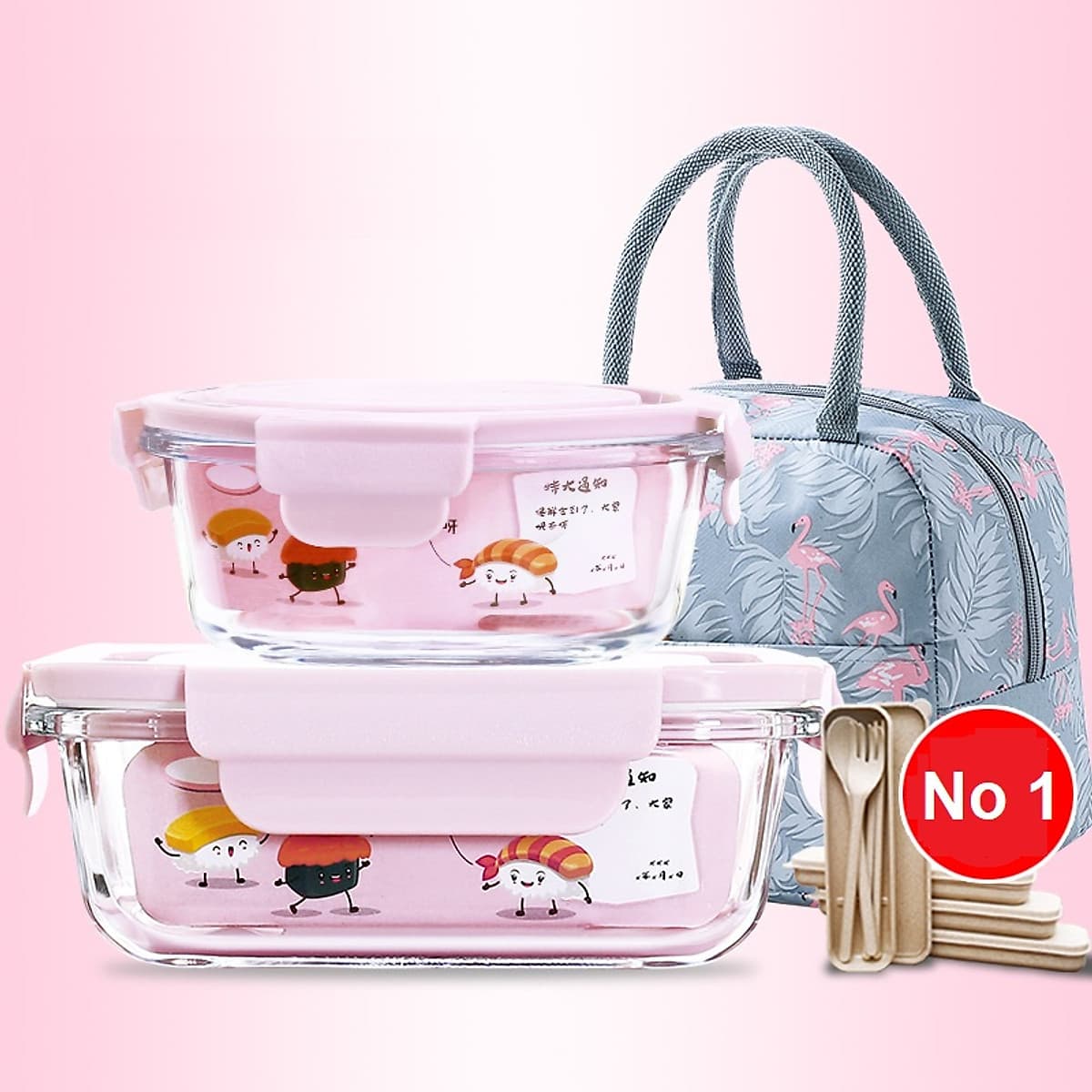 Bộ Hộp Cơm Thủy Tinh Giữ Nhiệt  Văn Phòng Cao Cấp - Kèm Túi Xách và Hộp Đựng Đũa Thìa Home Basics