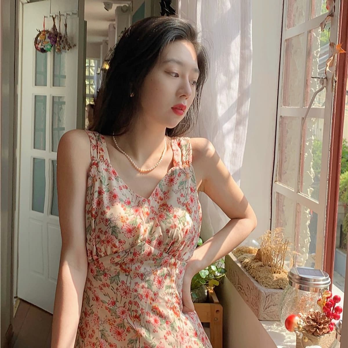 Đầm Voan Hai Dây Cổ Tim In Họa Tiết Hoa Trang Nhã Dành Cho Nữ