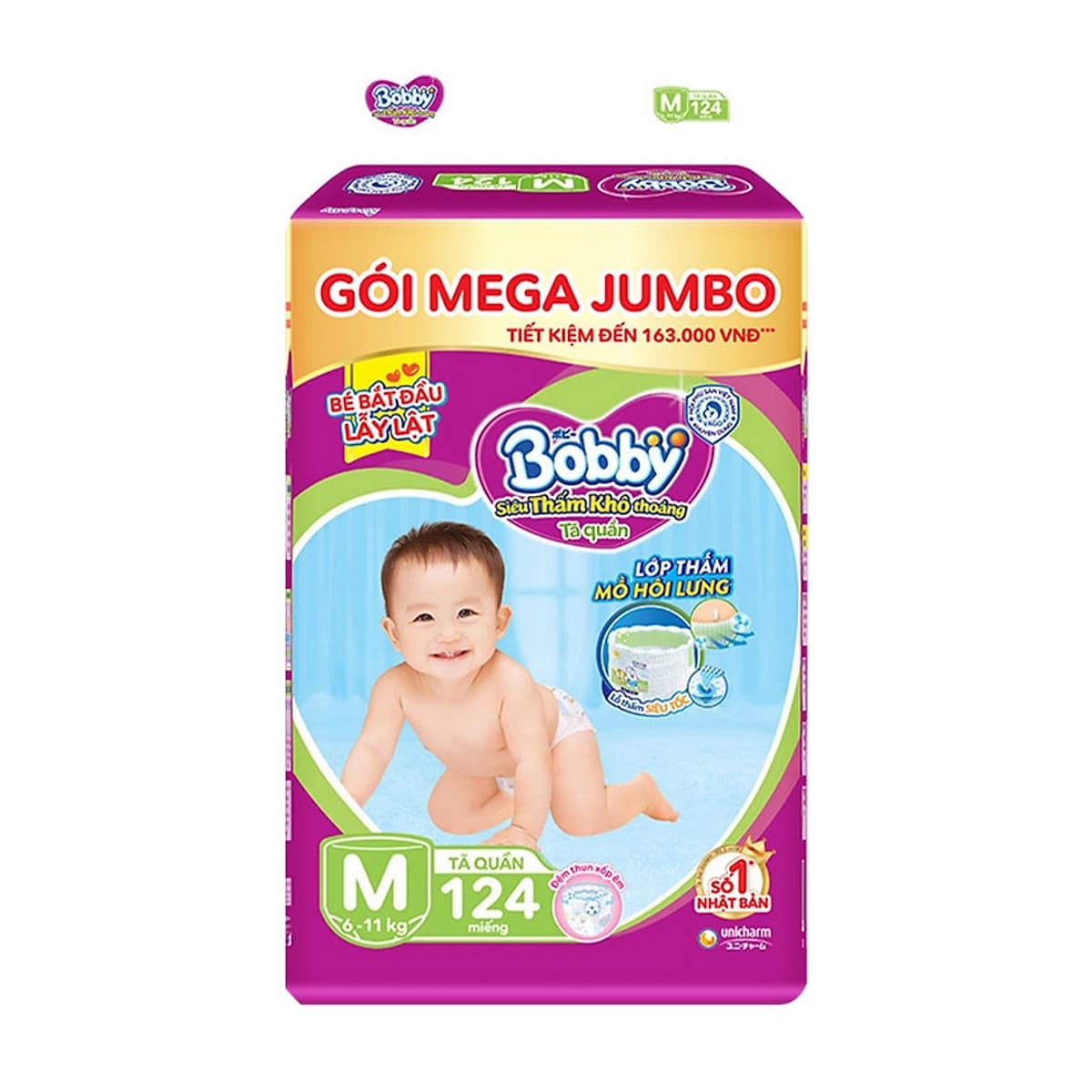 Tã quần Bobby có đệm lưng thấm mồ hôi đủ size M124/L108/XL96/XXL88