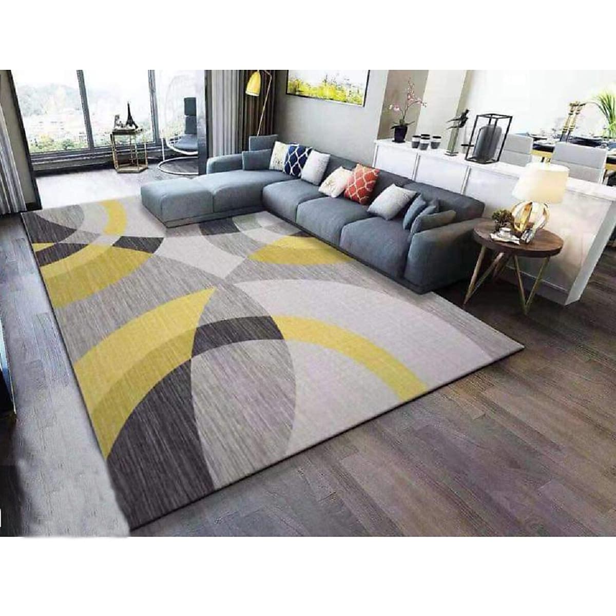 Thảm trải sàn Sofa sang trọng hiện đại trang trí phòng khách Bali in 3D Nhung nỉ lì cao cấp BL09 - Khối tròn vàng