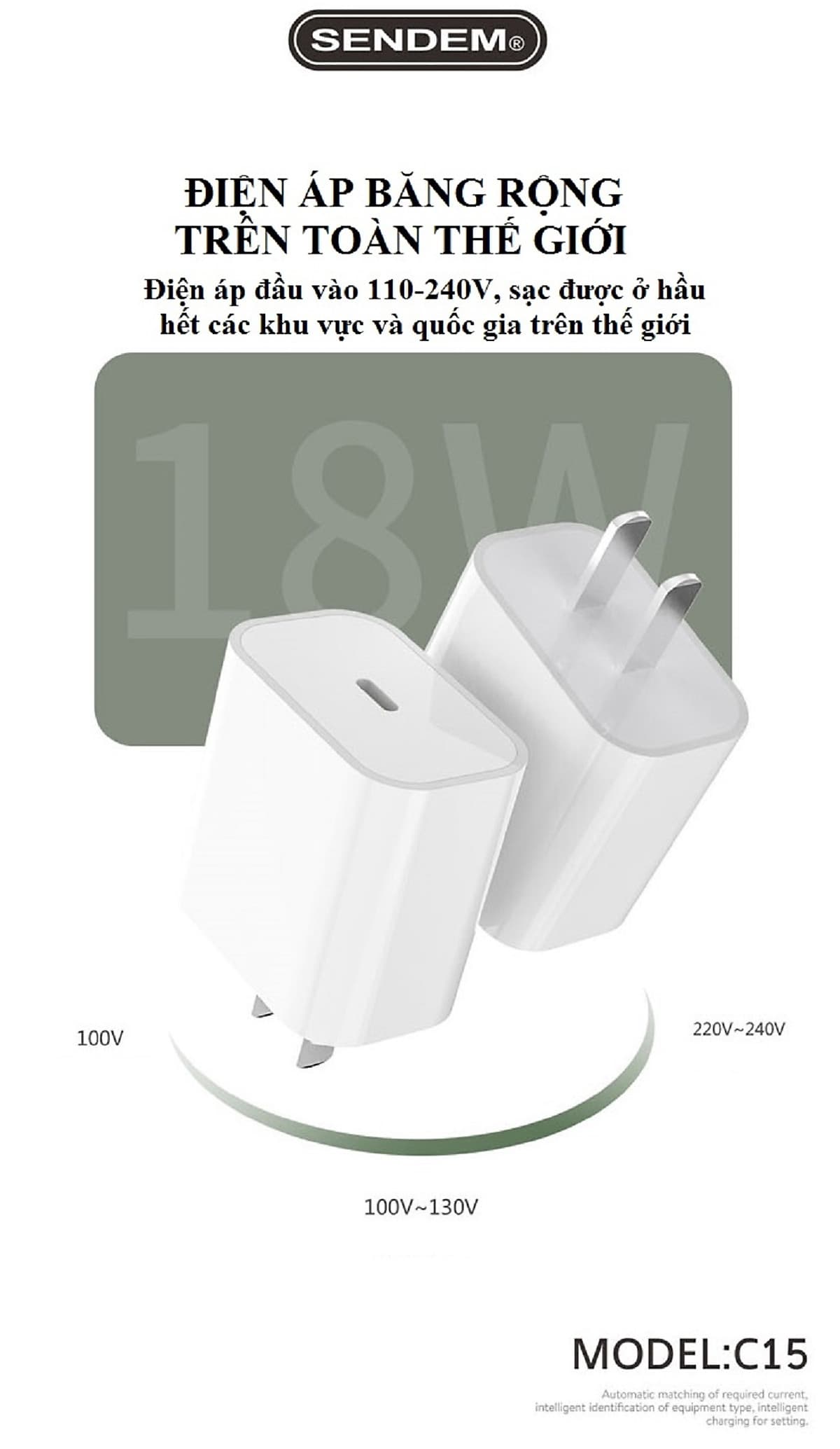 Củ sạc nhanh 18W SENDEM C15 cổng USB Type C hỗ trợ PD Super Chager cho điện thoại iPhone 11, iPhone 11 Pro, iPhone 11 Pro Max, iPad, Macbook - Hàng chính hãng