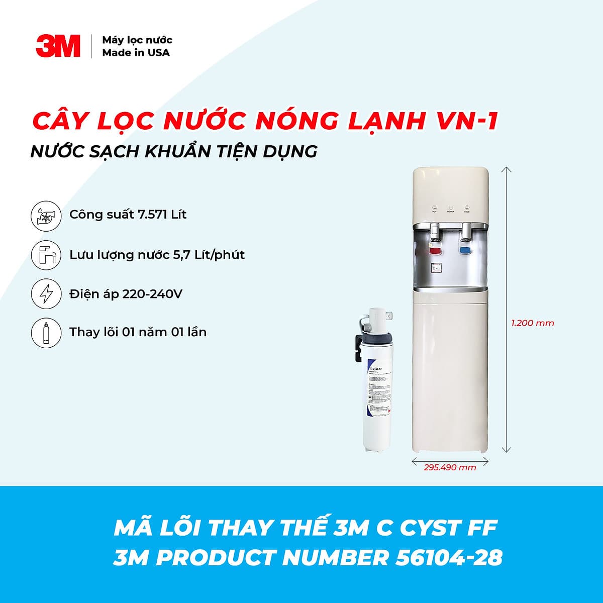 Combo Máy Lọc Nước 3M AP EASY CYST FF + Thân Máy Nóng / Lạnh (Model VN-1) - Lưu Lượng Nước 5,7 Lít/phút - Công Suất Lọc 7.571 Lít - Hàng Chính Hãng 3M
