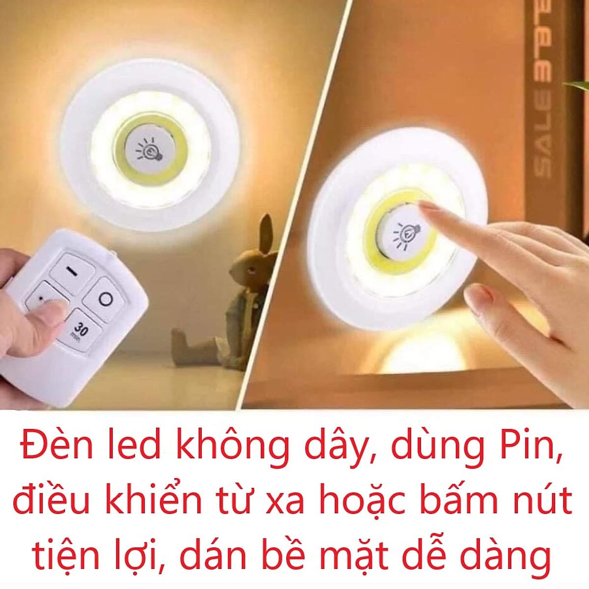 Bộ 3 Đèn LED chiếu sáng không dây - Dán tường, 2 chế độ sáng, có điều khiển từ xa, dùng pin